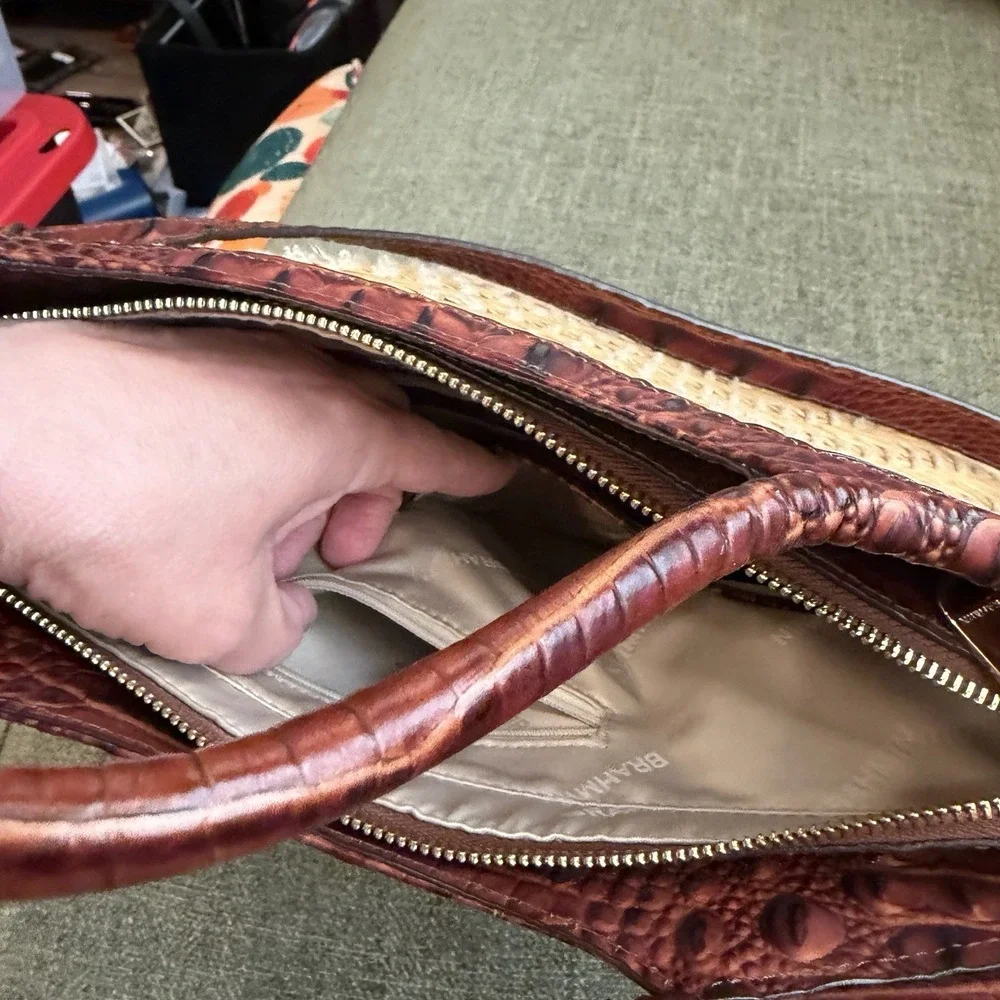 Brahmin Straw Raffia & Melbourne Embossed Leather Satchel Tote Brown Croc - Picture 6 of 13